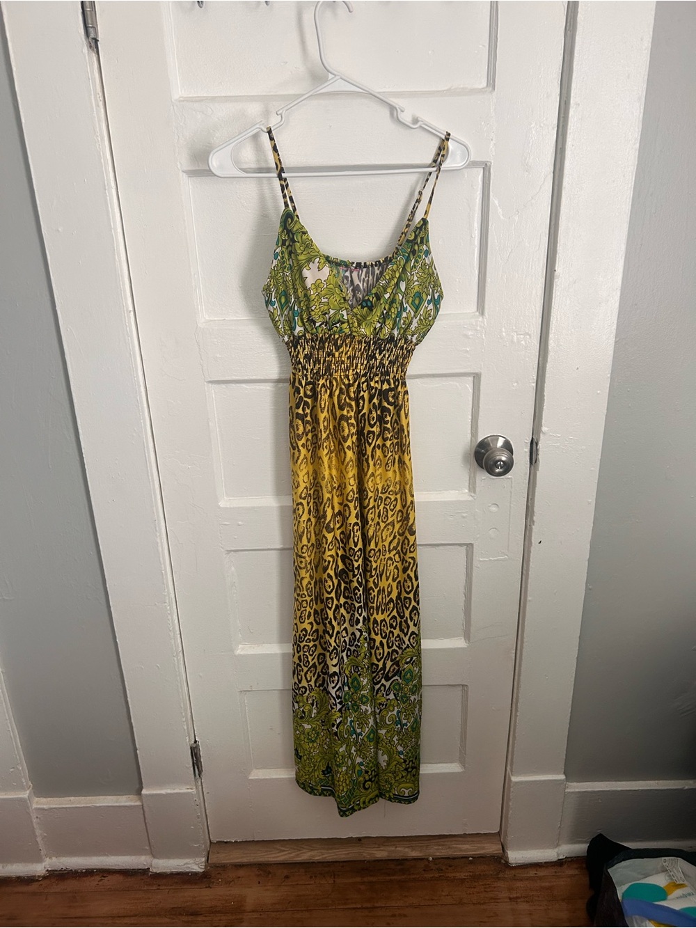 Green and Yellow Smocked Waist Maxi Dress